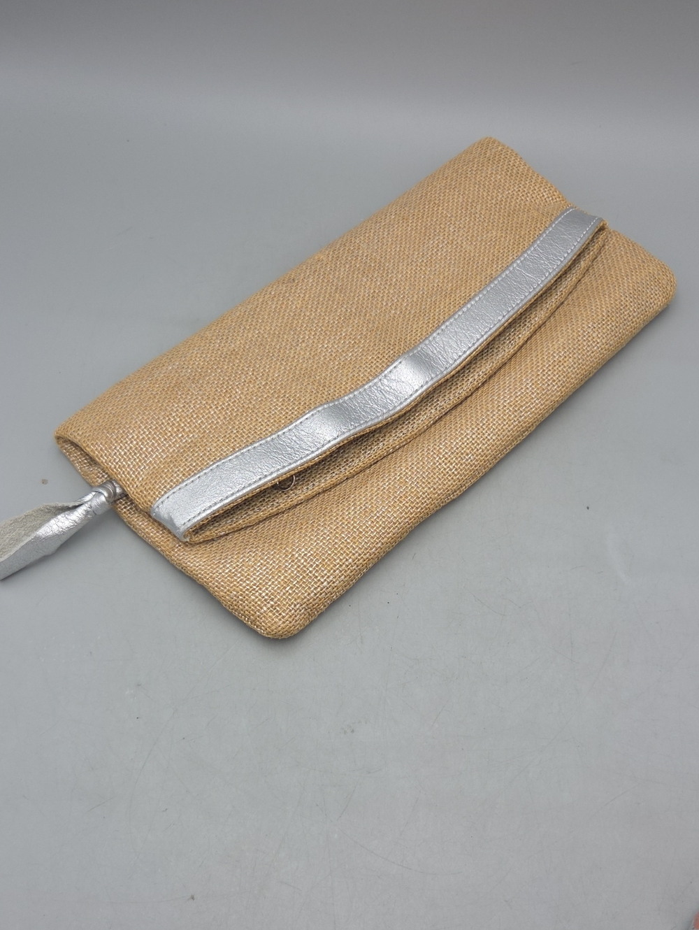 Carrie Dunham Metallic Silver Burlap with Silver Leather Trim Cece